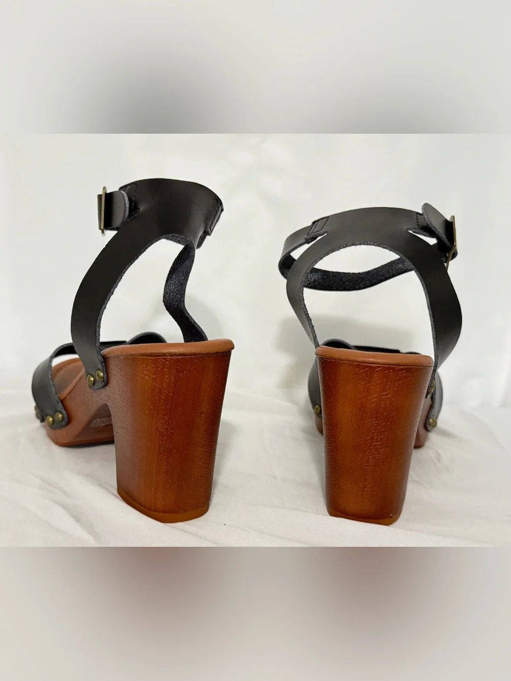 Black Leather Ankle-Strap Wedge Sandals